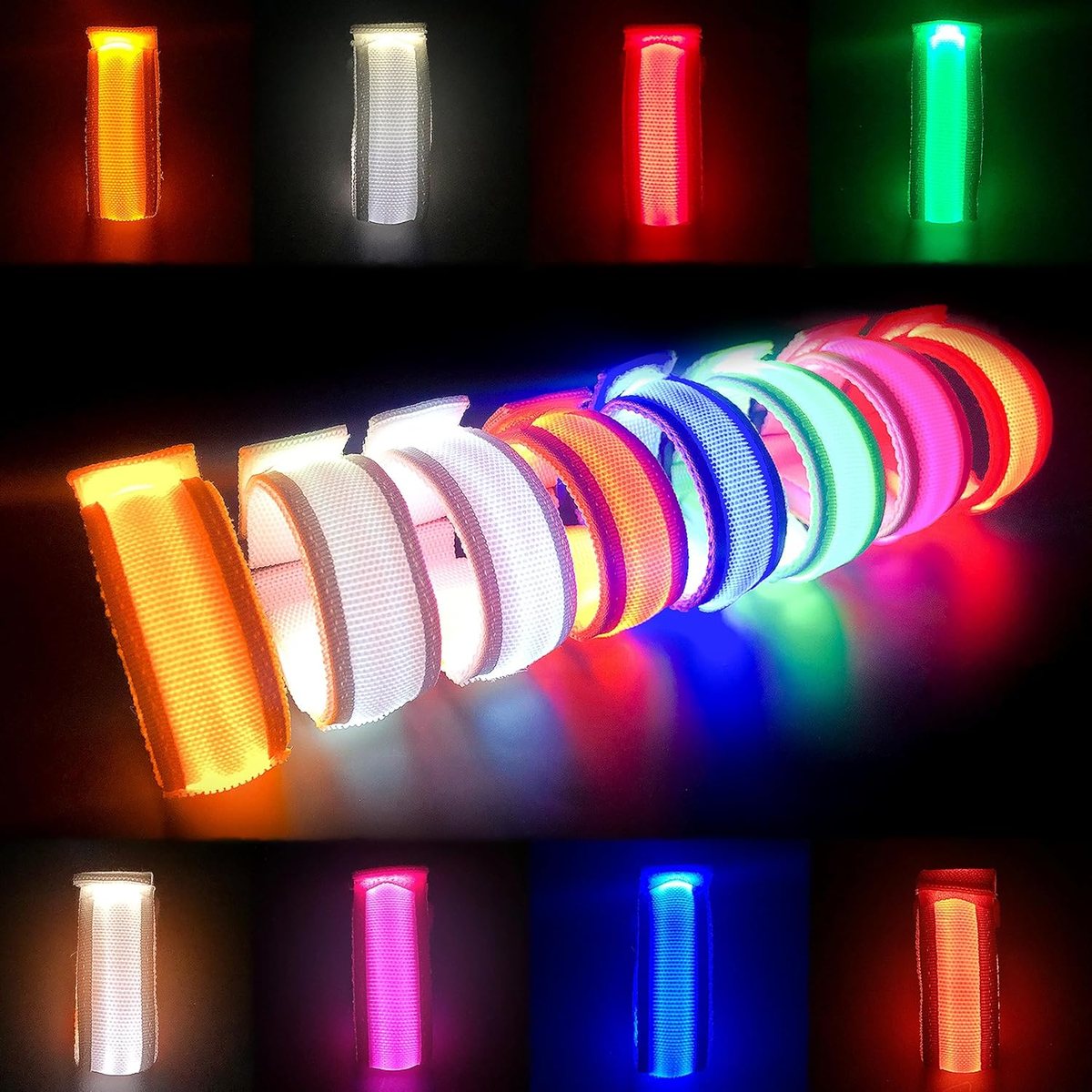 Eight FANL LED glow bracelets in assorted colours laid out on a dark table