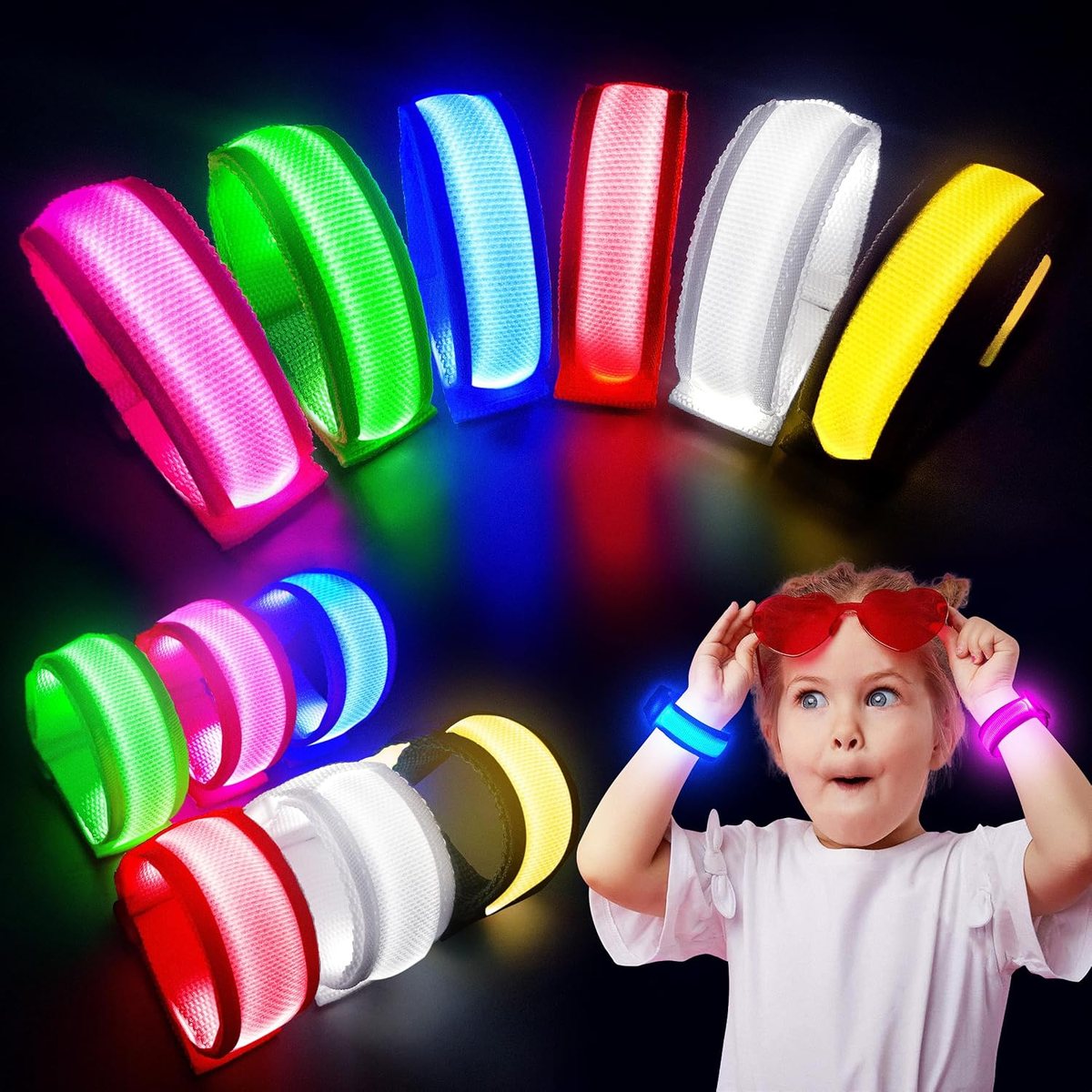 Twelve FANL LED bracelets in six colours arranged in a circle